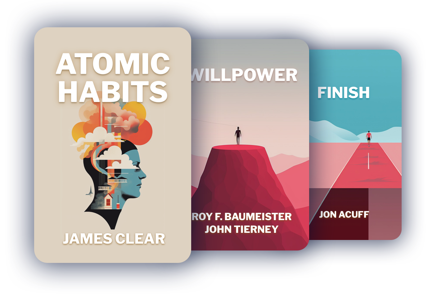 An image of 3 books: Atomic Habits, Willpower, and Finish, that can be found on the MindRush app